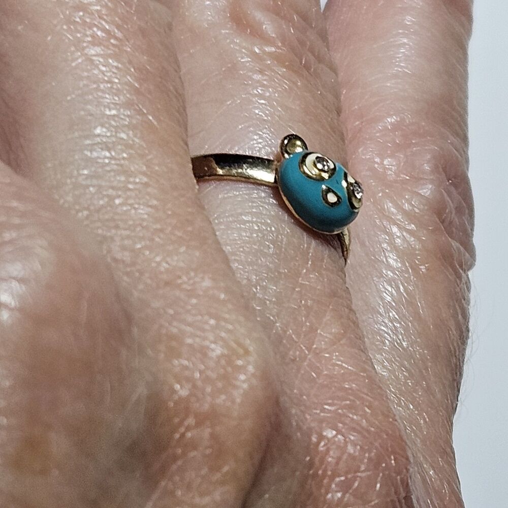 Gold Tone Blue Enamel Bear Face Ring Clear Rhinestone Eyes Adjustable Size 7.25 - Picture 5 of 12
